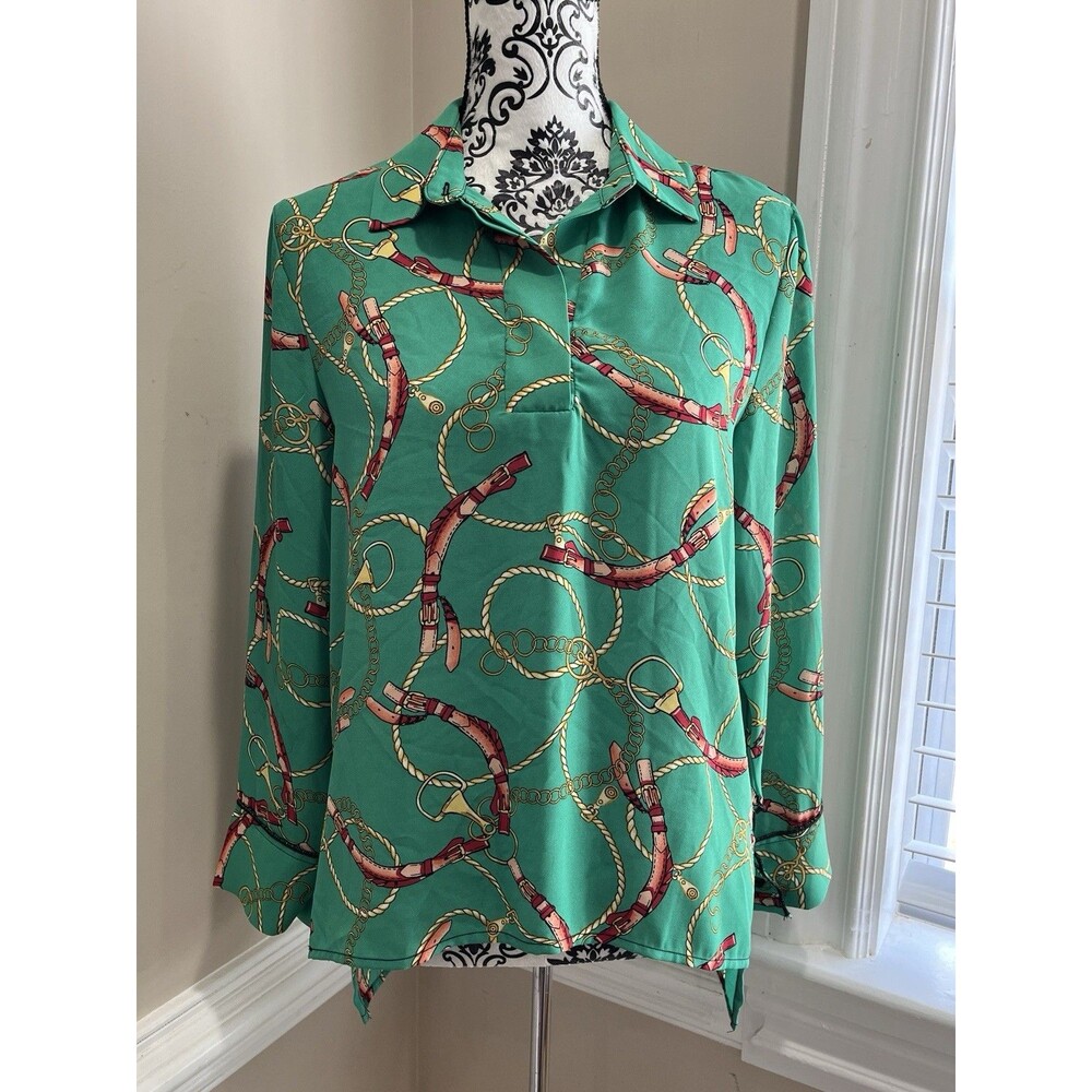 Feratelli Small Green Equestrian Chain Rope Top Shirt Blouse New NWT